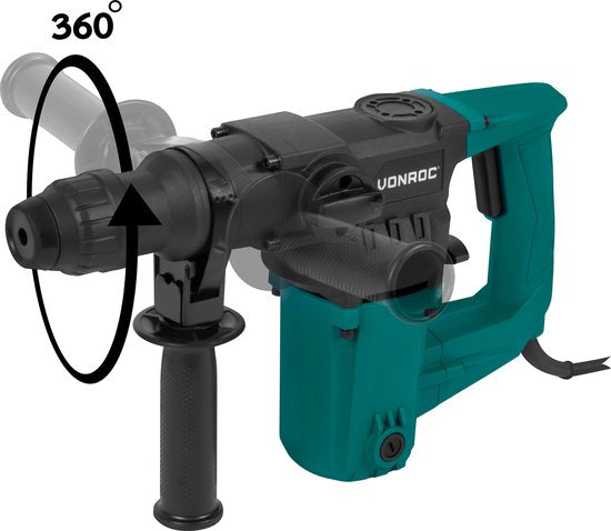 VONROC Boorhamer 1050W – 4,5 Joule – SDS plus – 3 Functies – Incl. 3 SDS-plus boren en 2 SDS-plus beitels