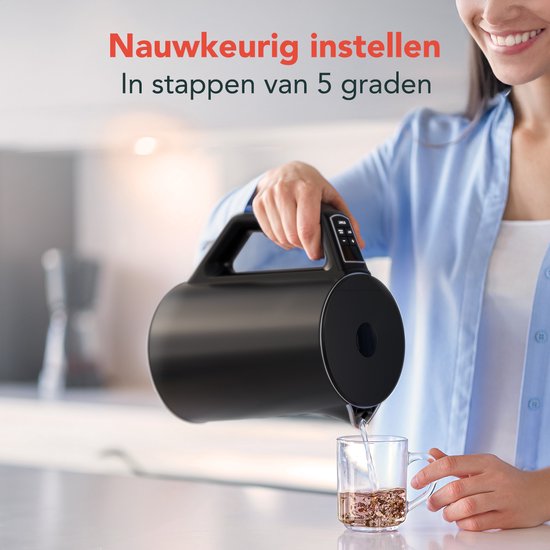 KitchenBrothers Waterkoker - Elektrisch - 1,5L - 2200W - Instelbare Temperatuurregeling - Dubbelwandig - Waterkoker RVS - Zwart