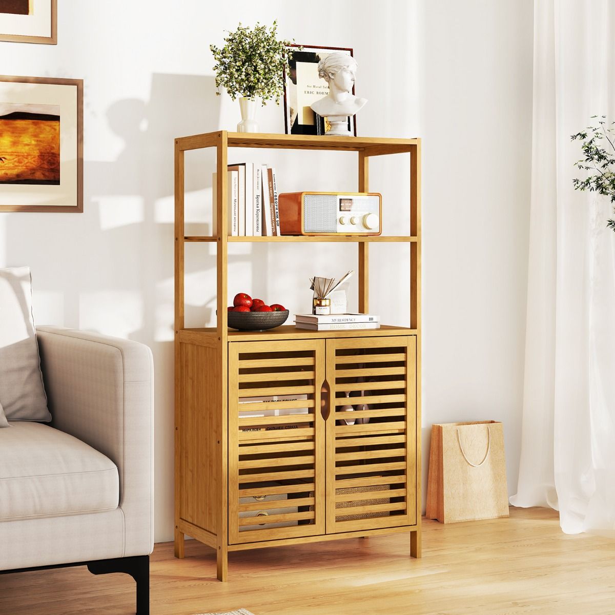 Coast Bamboe Boekenkast met Deuren – 4-Laags Opbergkast met Lamellendeuren – 60 x 33 x 116 cm – Naturel