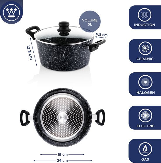 Westinghouse Braadpan – Ø 24 cm – Inductie – PFOA-vrij – Inclusief Deksel – Black Marble