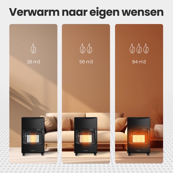 Auronic Mobiele Gaskachel - met Wieltjes - tot 60 m² - 4100W Gas Heater - Inclusief Gasdrukregelaar en Gasslang - Zwart