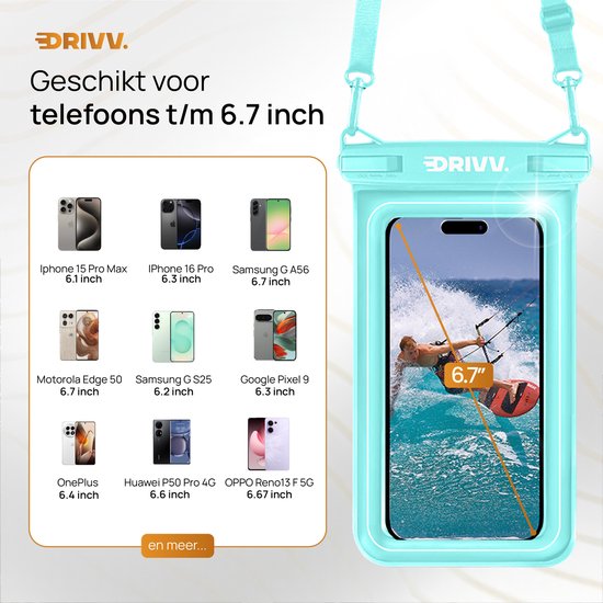 Drivv. Luxe Waterdicht Telefoonhoesje – Drijvend - Dubbele Klipsluiting - Telefoons tot 6.8 inch – Onderwater Hoesje Telefoon - Blauw