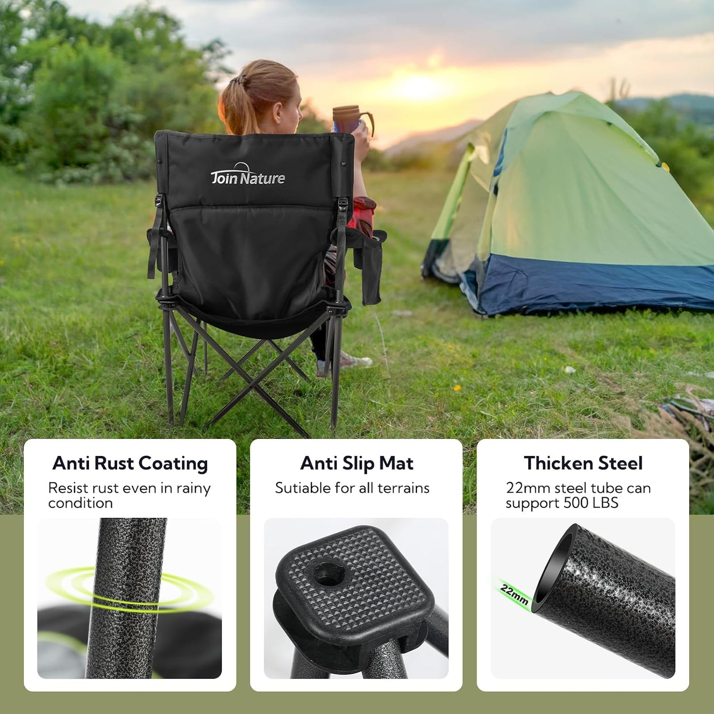 Join Nature Opvouwbare Campingstoel - Zwart - 56 x 94 x 97 cm - Belastbaar tot 227 kg