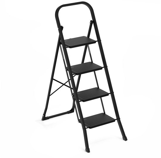 BRASQ Huishoudtrap 4-treden Zwart - keukentrap inklapbaar metaal voor Particulier en professioneel gebruik - Trap Ladder - Anti slip