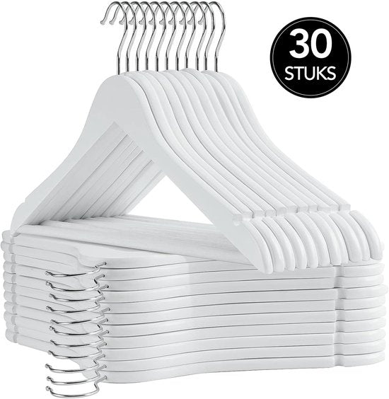 Infinity Goods 30 Houten Kledinghangers Wit - Kleerhanger - Inkeping en Broeklat - Metalen Haak - Volwassenen - 30 Stuks - Wit