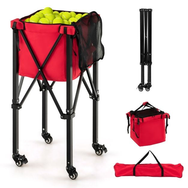 Coast Tennisballwagen - Inklapbaar Lichte Tennisbalkorf met Wielen - Zijzak en Draagtas - Draagbare Balwagen van Aluminium voor 150 Tennisballen - Rood