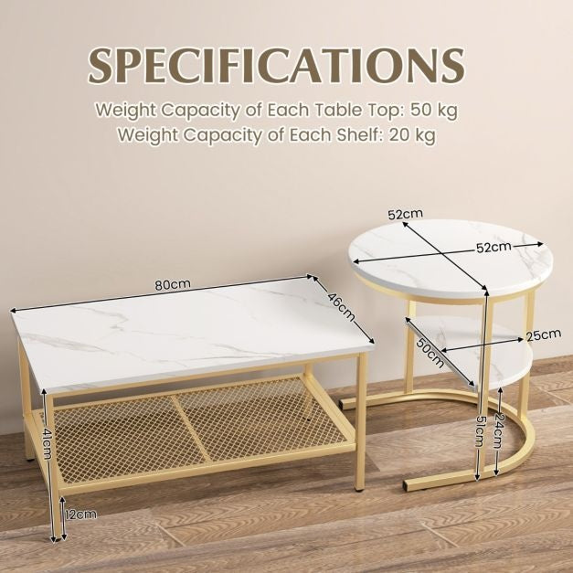 Coast Set van 2 bijzettafels - Salontafels met gouden metalen frame - Max. 50KG - Goud/Wit