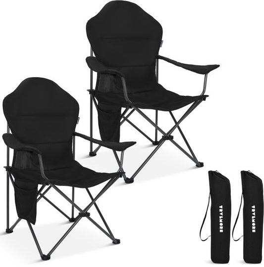 TRVLMORE Campingstoelen XXL - Opvouwbaar - 2-Pack - 160KG Draagvermogen - Incl. Draagtas - Klapstoel - Visstoel - Kampeerstoel - Vouwstoel - Zwart