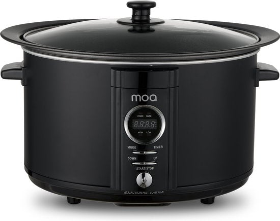 MOA Slowcooker met Timer - 6,5L - Ø 24,5cm - Aluminium Binnenpan - Doorzichtige Deksel - 3 Warmtestanden - Vaatwasserbestendig - BPA-Vrij - Zwart