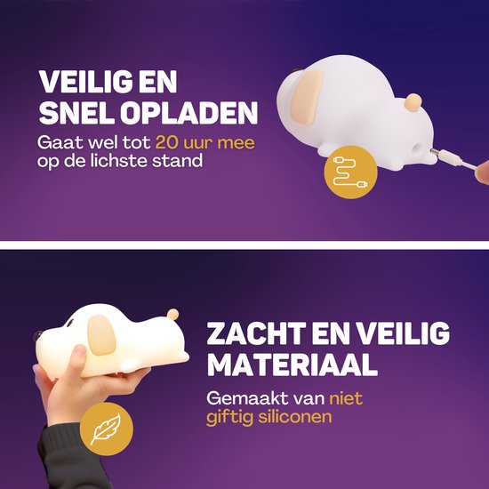 Vulpes Goods® Nachtlampje Kinderen - LED Licht & 8 Kleuren – Nachtlampje Babykamer – Puppy – USB-Oplaadbaar – Dimmer – Timer – Draadloos - Kindvriendelijk