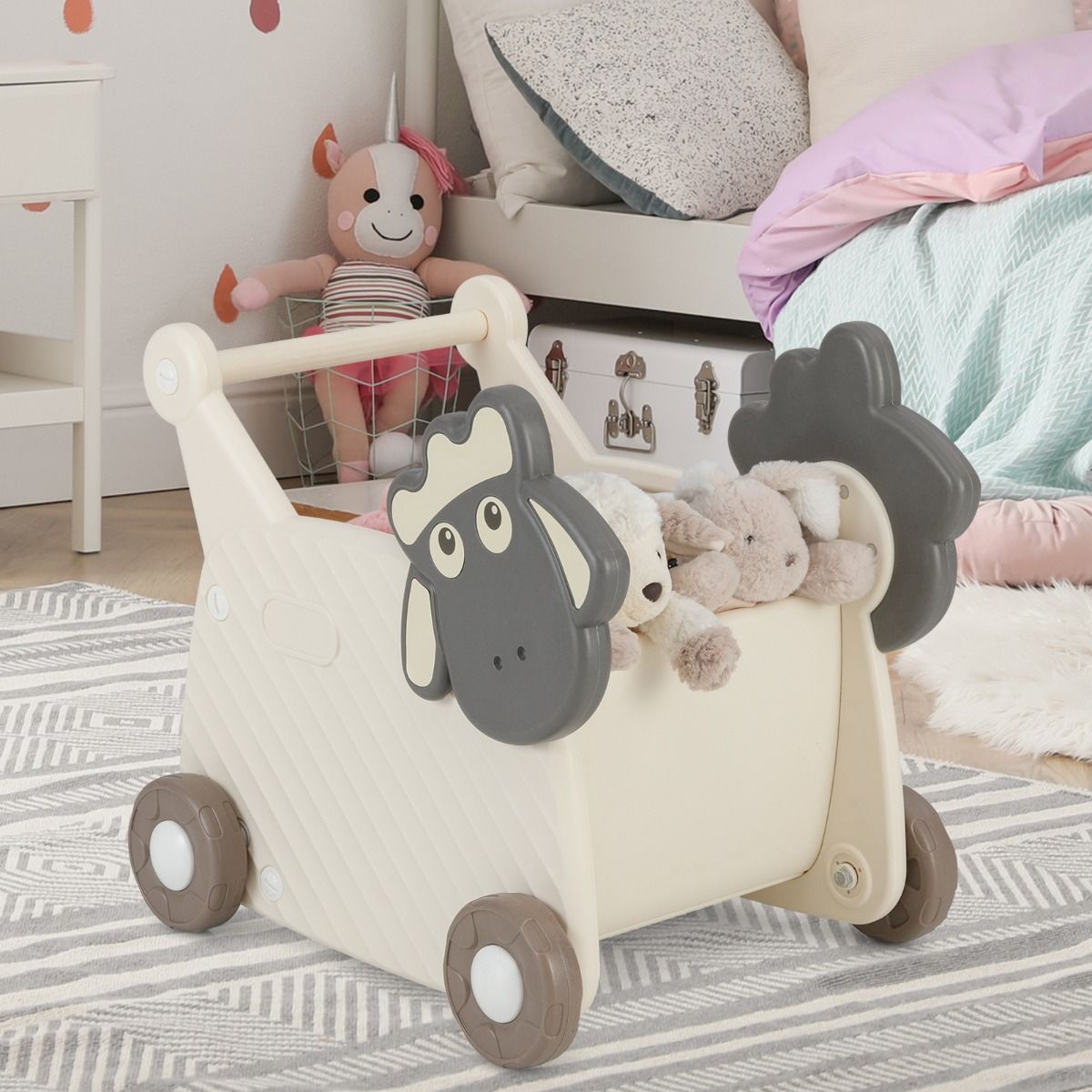 Coast Schaap Loopwagen voor Kinderen - 2-in-1 Opbergwagen en Looprek - 18 Liter - Beige en Grijs