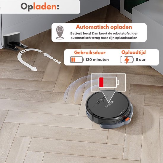 Sanovy 3 in 1 Robotstofzuiger met dweilfunctie - 1800 PA- Automatische laadstation - Dweilrobot – App