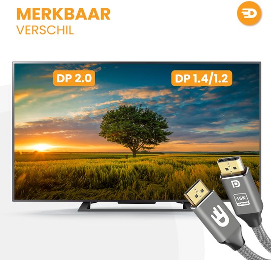 Drivv. Displayport Kabel 2.1 - 16K 60Hz - 8K 120Hz - 4K 144Hz - 80Gbps - DisplayPort naar DisplayPort - DP Kabel - 1 meter - Grijs