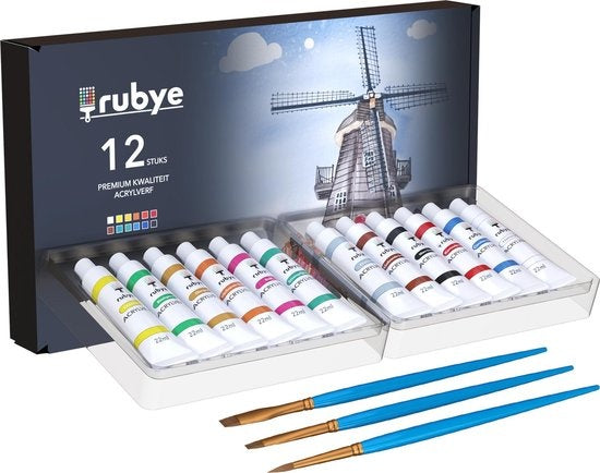 Rubye® Acrylverf - Schilderen - Verf - Penselen - Hobby en Creatief - Schilderen op Nummer - 22ML Tubes - 12 Kleuren
