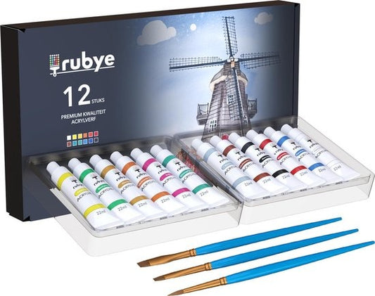 Rubye® Acrylverf - Schilderen - Verf - Penselen - Hobby en Creatief - Schilderen op Nummer - 22ML Tubes - 12 Kleuren