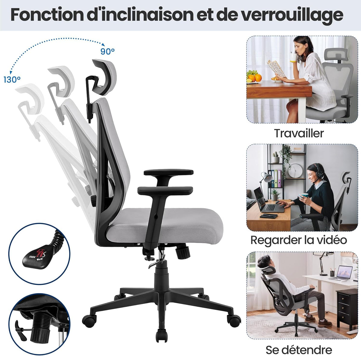 Yaheetech Ergonomische Bureaustoel met Verstelbare Lendensteun en Hoofdsteun 70 × 70 × 125 cm Lichtgrijs