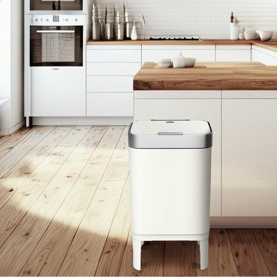 Loftey Prullenbak 60 Liter – Push/touch Afvalbak - Duo Afvalemmer met binnenbak - Vuilbak 2 Vakken - Afvalscheiding 2x30L - Keuken - Wit/RVS