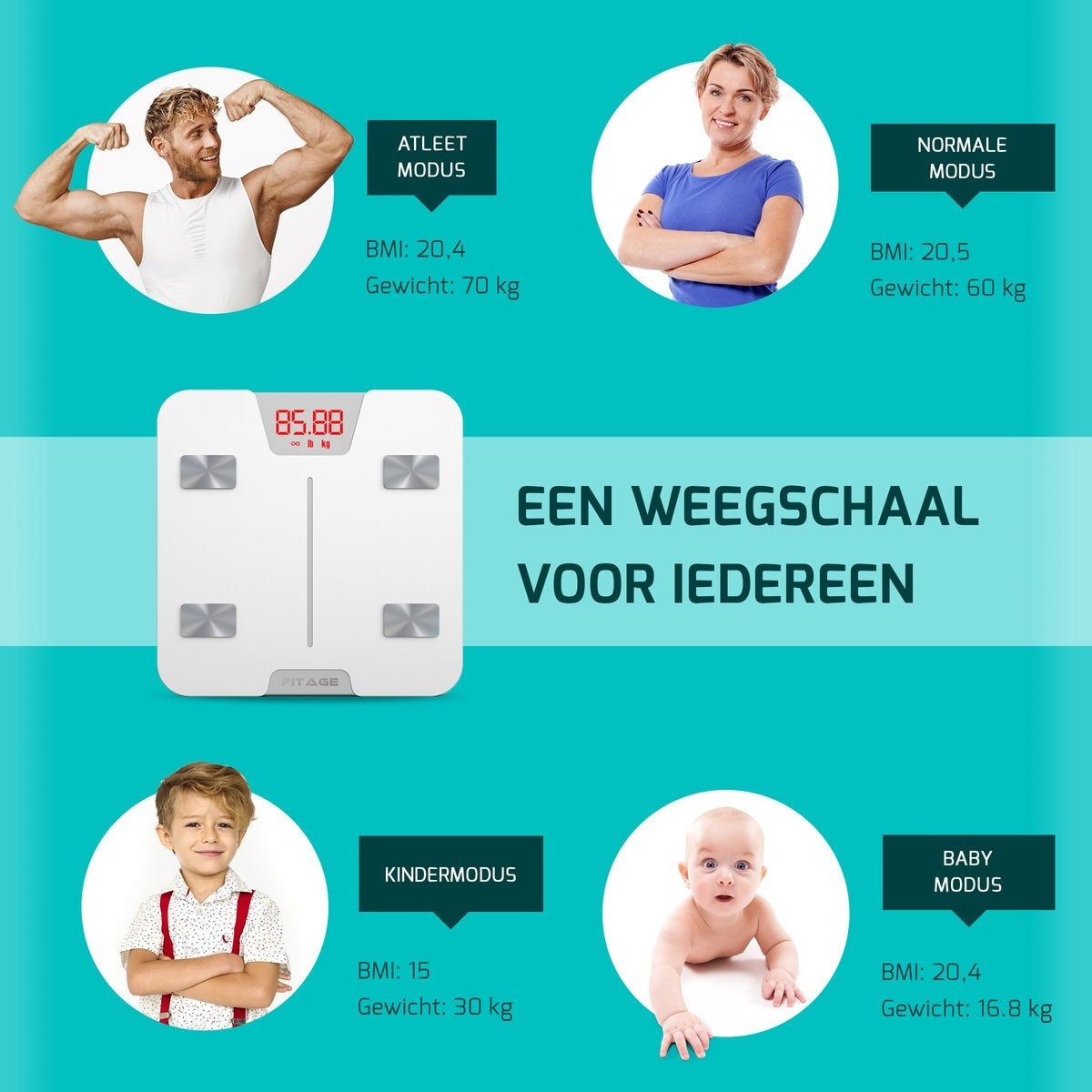 FITAGE Smart Scale met app meet 17 lichaamswaarden - Wit