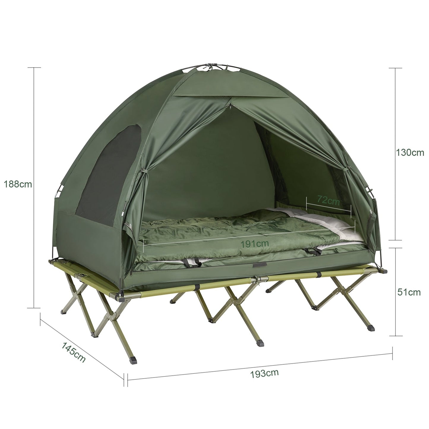 SoBuy – Campingbed Met Tent 2 Personen – 193 x 145 x 188 cm & 7-In-1 Set – Inclusief Luchtbed Schlafsäcken En Voetpomp – Voor Outdoor En Festivals – Groen Polyester En Metaal