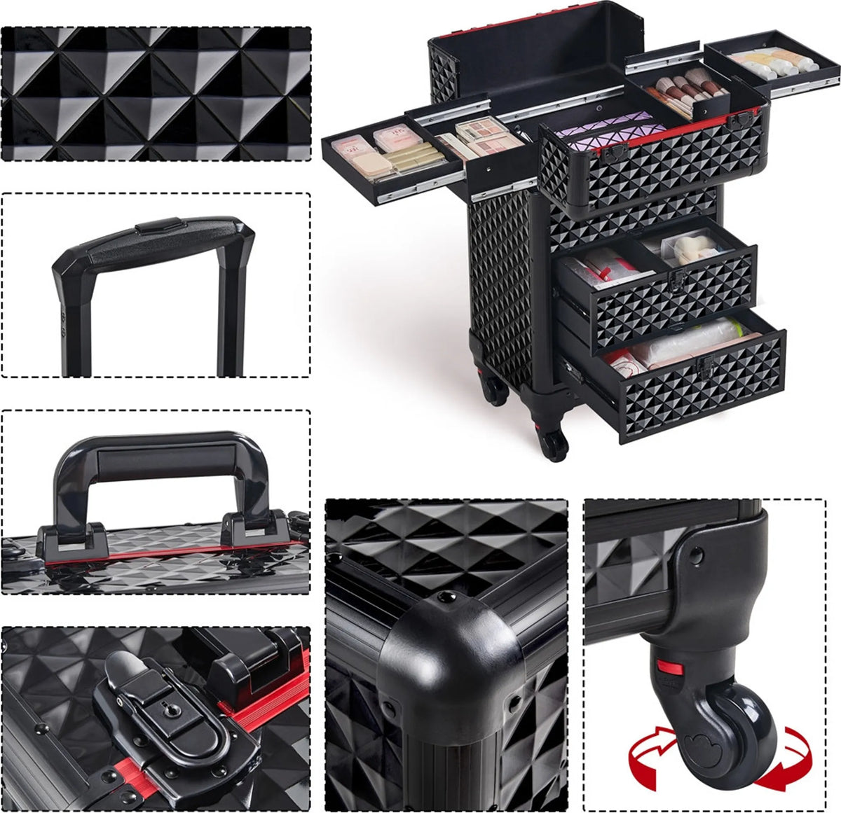 Yaheetech Make-up Koffer Verrijdbaar – Voorzien Van 2 Lades En Uitschuifbare Handgreep En Diamantvormige Decoratie – Voor Visagisten En Nagelstylisten – Zwart Metaal En MDF – 34,5 x 24,5 x 58 cm