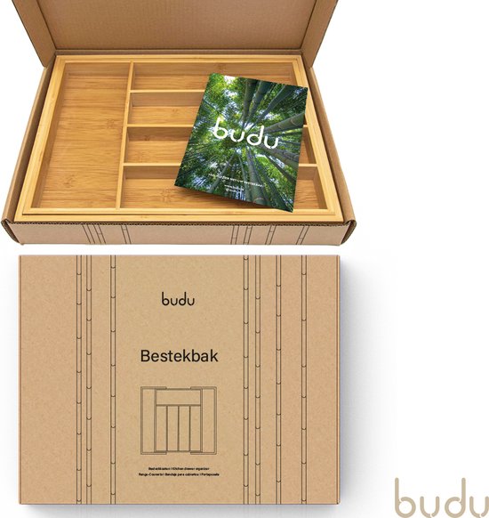 Budu Uitschuifbare Bamboe Bestekbak #38 (38 cm diep) - Bestekcassette Hout - Besteklade - 38 x 29,5 - 47,8 cm - 5/7 vakken
