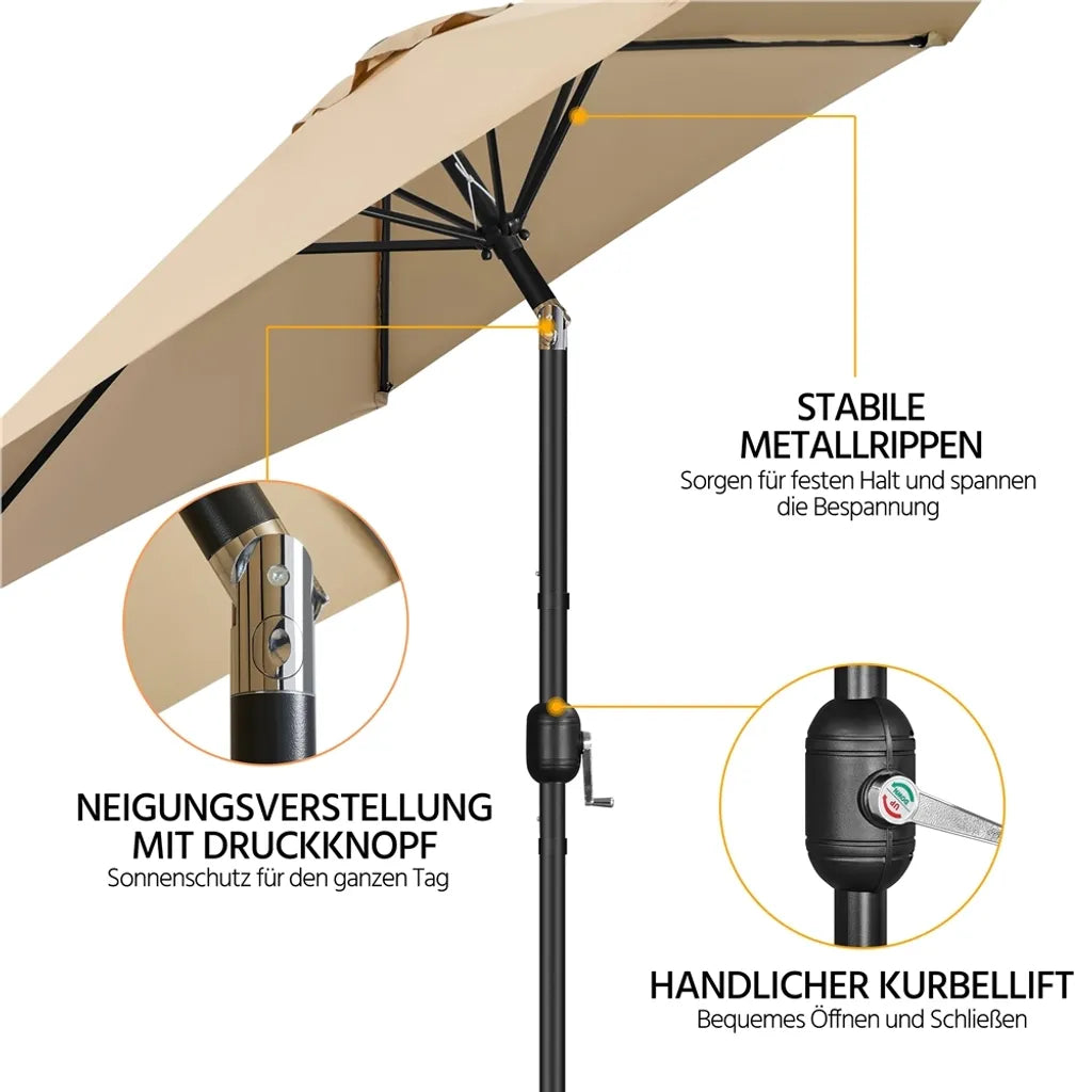 Yaheetech Tuinparasol met Kantelfunctie en Slinger - Lichtbruin - Ø 269 x 241 cm