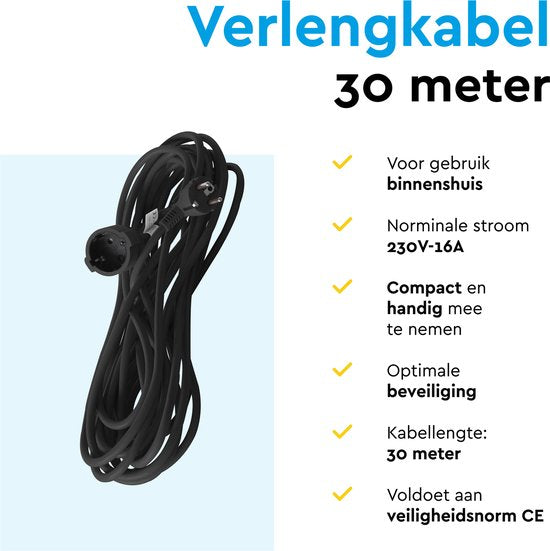 BRASQ Verlengsnoer 30 meter Zwart - Verlengkabel met randaarde - Verlengkabel voor binnen