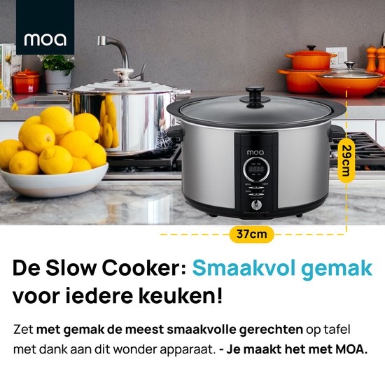 MOA Slowcooker met Timer - 6,5L - Ø 24,5cm - Aluminium Binnenpan - Doorzichtige Deksel - 3 Warmtestanden - Vaatwasserbestendig - BPA-vrij - RVS