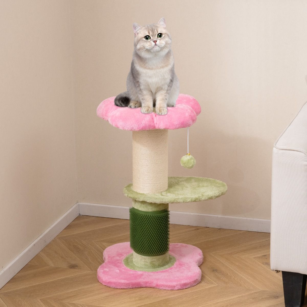 Coast Krabpaal voor katten - 3 verdiepingen - met pluche ligplek en bloemenplatforms - roze - 69 cm