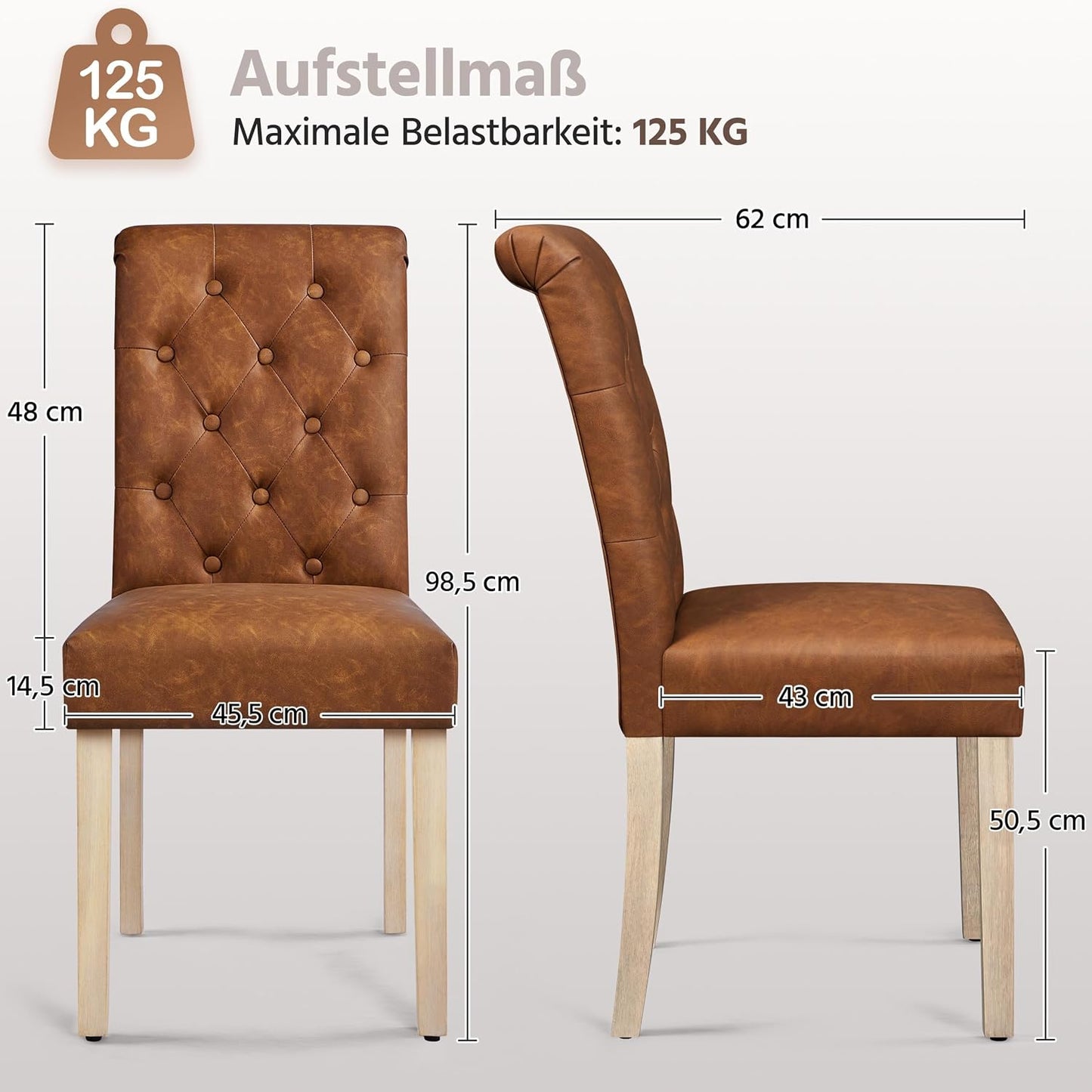 Yaheetech Eetkamerstoelen Set van 2 – Gestoffeerde Keukenstoelen met Hoge Rugleuning – 62 x 45,5 x 98,5 cm – Bruin
