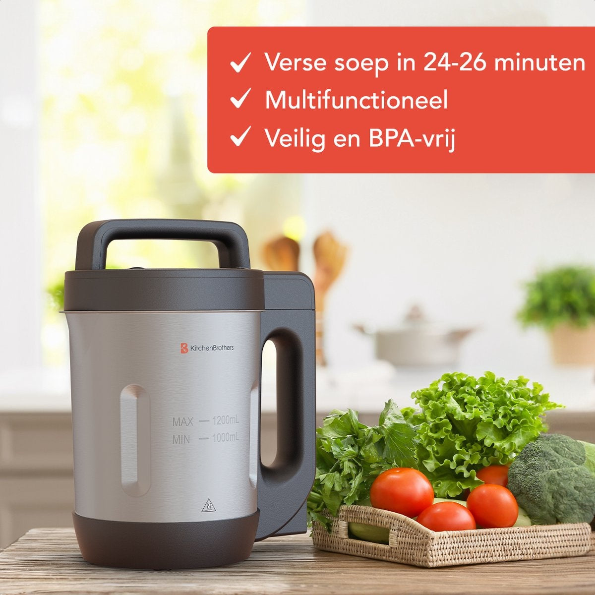 KitchenBrothers Soepmaker - Blender - tot 800W - 1.2L - RVS/Zwart