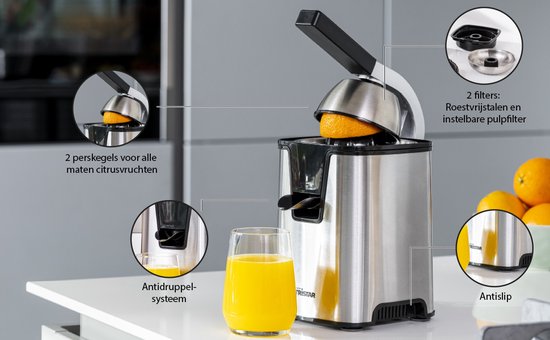 Tristar Citruspers Elektrisch - CP-3009 - 350W - Incl. 2 perskegels, pulpfilter, druppelstop, pershendel - RVS