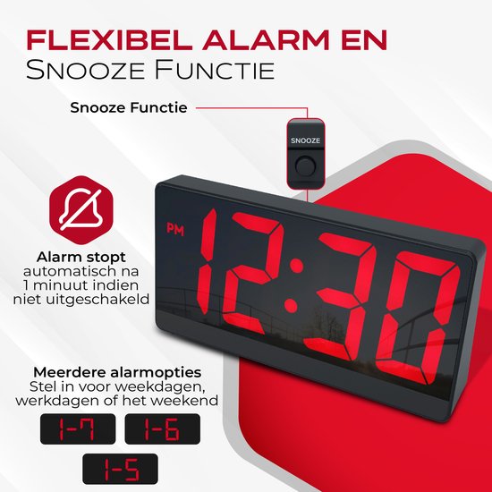 Caliber Digitale Wekker - Wekkers digitaal - Instelbare Snooze Tijd - Alarmklok - Dimbaar display - Digitale klok slaapkamer - USB Oplader