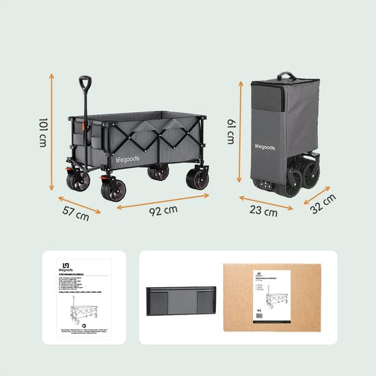 LifeGoods Bolderkar XL - 200L - Opvouwbaar - 100KG - Bolderwagen - Beschermhoes - Grijs