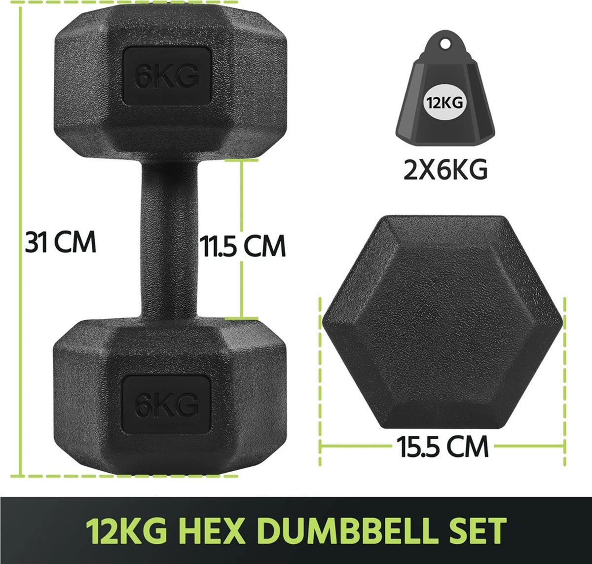 Yaheetech Halterset 2 Stuks – 12 kg – Voorzien Van Zeshoekig Anti-Rol Ontwerp En Vloerbeschermende Kunststof Coating En Ergonomische Handgreep – Voor Krachttraining En Cardio – Zwart Beton En Metaal – 31 x 15,5 x 14 cm