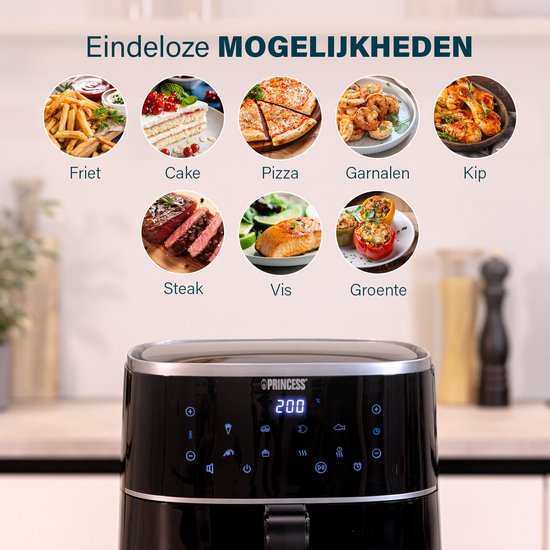 Princess Digitale Airfryer 182238 - 4 liter - PFAS vrij - Groot - Heteluchtfriteuse - Zwart - Digital Touchscreen - 8 Automatische Programma's - Inclusief in hoogte verstelbaar Grillrack