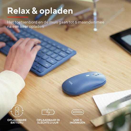 Trust Lyra - Draadloos Toetsenbord en Muis - Multi connect - Qwerty US - Blauw