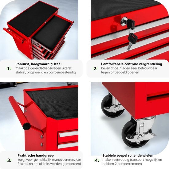 tectake® - Gereedschapswagen met 7 lades - werkplaatswagen, rijdende werkplaats, lege gereedschapswagen, gereedschapskist, 7 laden, 69 x 33 x 79 cm, wielen met rem, incl. 2 sleutels - rood