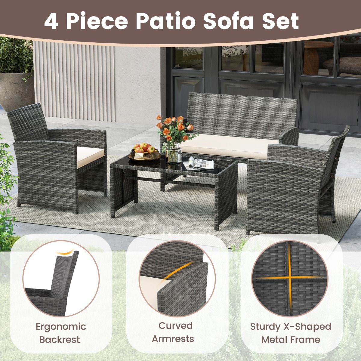 Coast 4-delige tuinmeubelset - rotan loungeset met witte kussens - tafel met veiligheidsglas - grijs