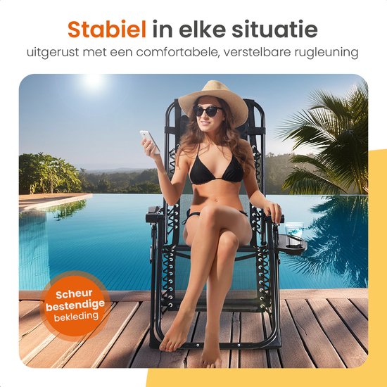 Goliving Opvouwbare Ligstoel - 3 Standen - 110 x 66 x 178 cm - Verstelbare Tuinstoel met Tafel - Inklapbare Campingstoel - Loungestoel Buiten - Vouwstoel Tuin - Zwart
