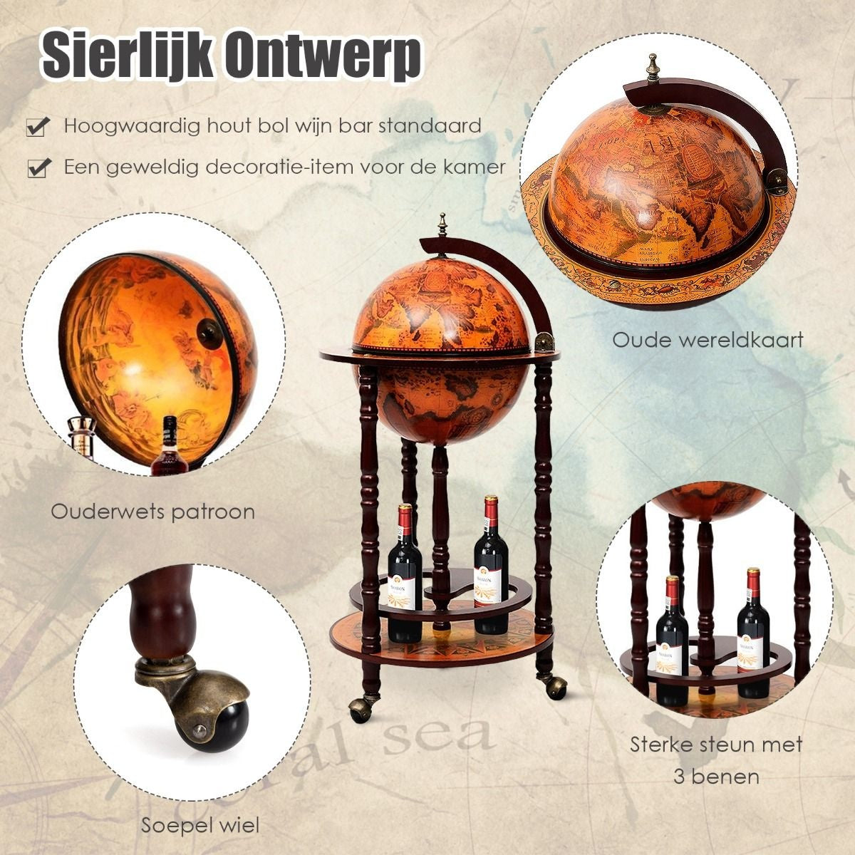 Coast - Wijnrek - Globebar - Wijnbar - Wereldbol bar - ⌀ 45 cm - Bruin