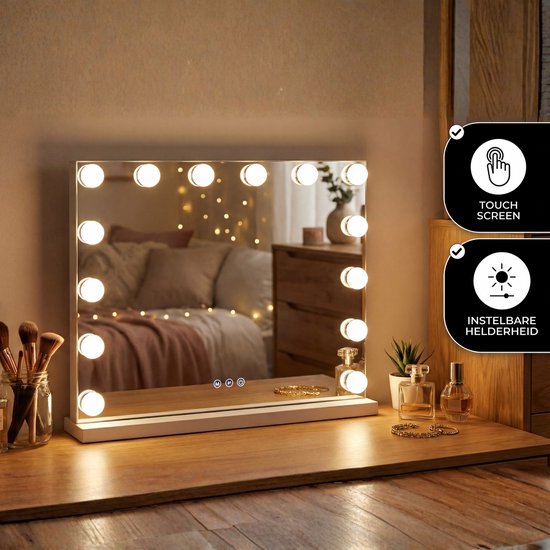 Bayt Hollywood Spiegel met verlichting - Make Up Spiegel met Verlichting - Spiegel Met Verlichting - Dimbaar - 10x Vergroting - 50x40cm - Wit