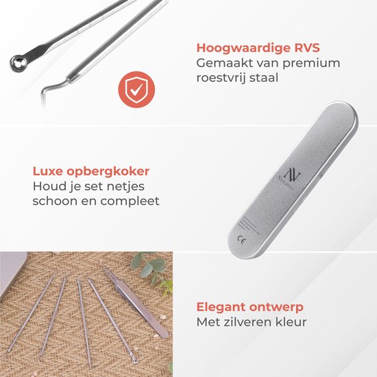 Nuvance - Mee Eters Verwijderen - Blackhead remover - Set van 5 - Mee Eter Verwijderaar - Comedonenlepel - Zilver