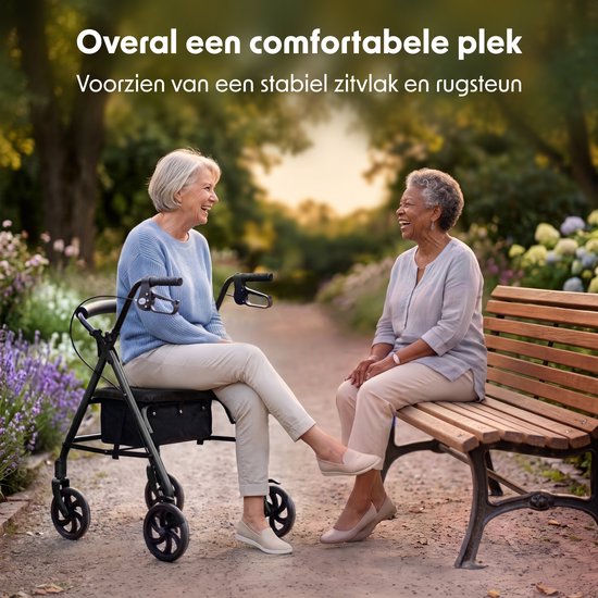 LifeGoods Basic Rollator Lichtgewicht en Opvouwbaar (8,7KG) - Met Zitje en Rugsteun – Voor Binnen en Buiten – Verstelbare Hoogte - Tot 136KG Draagkracht – Zwart
