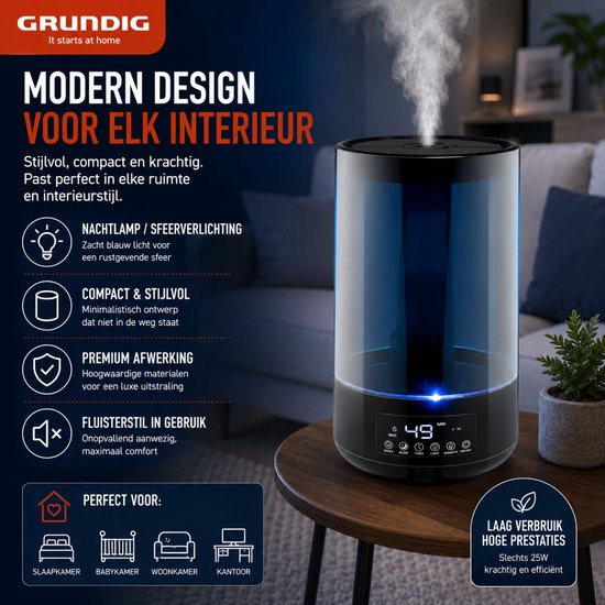 Grundig Luchtbevochtiger HD-1903A - Ultrasone Lucht Bevochtiger 4,3L - met Timer en Nachtlamp - Incl. Afstandsbediening - Zwart