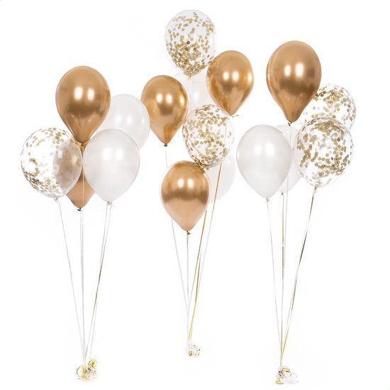 Partizzle 50x Ballonnen Wit en Goud - Helium Geschikt - Papieren Confetti - Nieuwjaar / Oud en Nieuw - Bruiloft, Huwelijk Kerst Ballonnenboog Decoratie - Latex