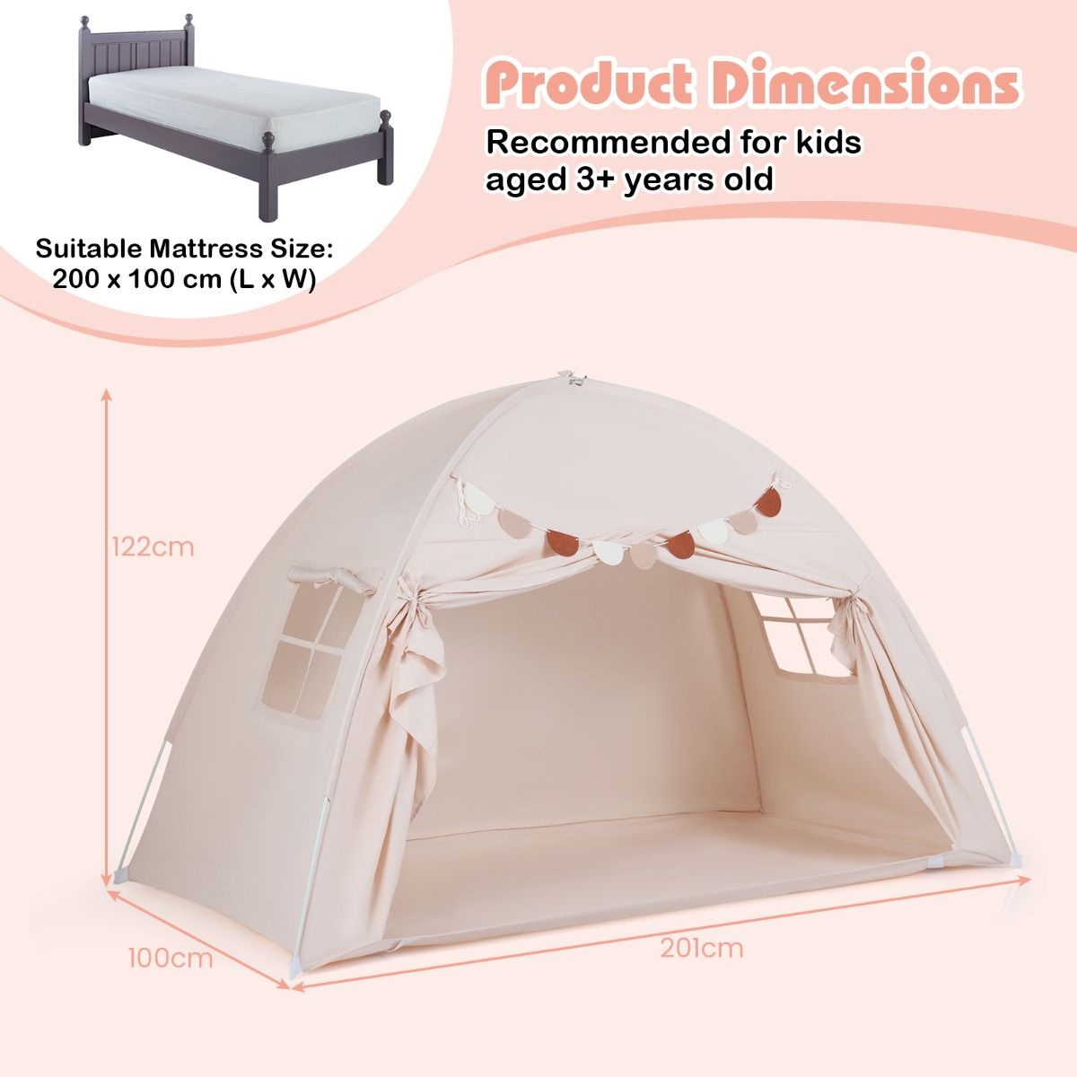 Coast Tweepersoons Kindertent - Opvouwbare baldakijntent - Met ramen en vlaggenbanner - 201 x 100 x 122 cm - Beige
