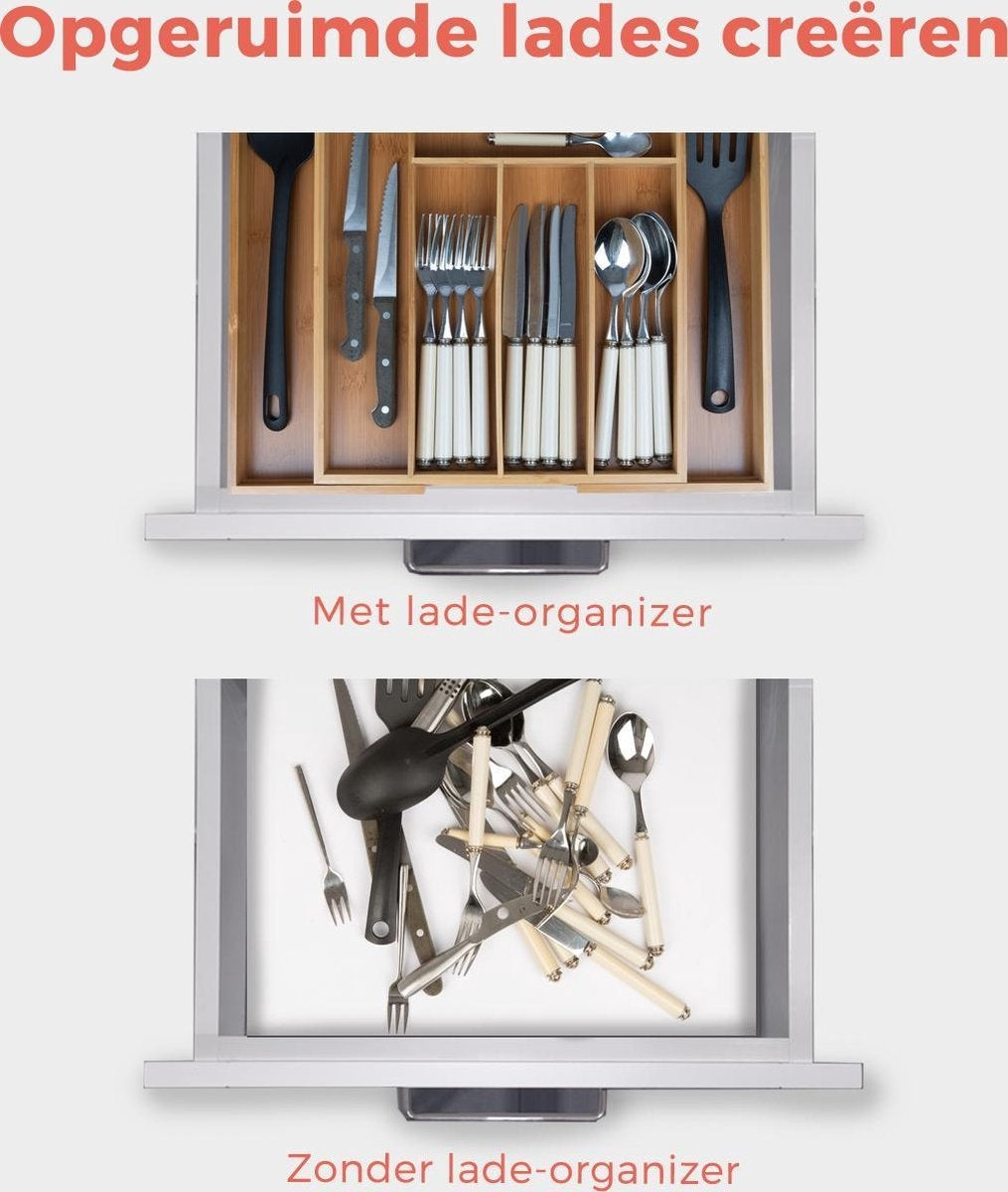 KitchenBrothers Bestekbak - Verstelbare Besteklade - 30 tot 44.5cm - Bamboehout