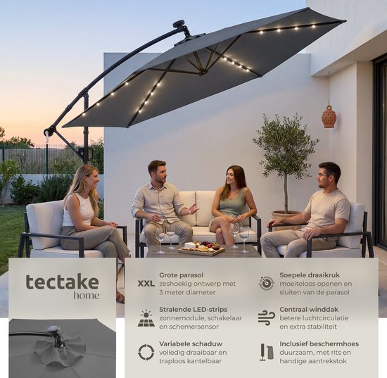 tectake® Zweefparasol met Voet - 3 x 3 m - Tuinparasol met LED-Verlichting op Zonne-Energie - Draaibaar - Waterafstotend Polyester met UV-Bescherming - Inclusief Hoes - Grijs