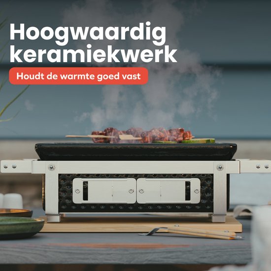 KitchenBrothers Kamado Hibachi Grill - Met Grillrek en Stokjes - Houtskool Barbecue - PFAS-vrij - Shichirin Tafelgrill - Rechthoekige BBQ - Keramische Barbecue - Zwart